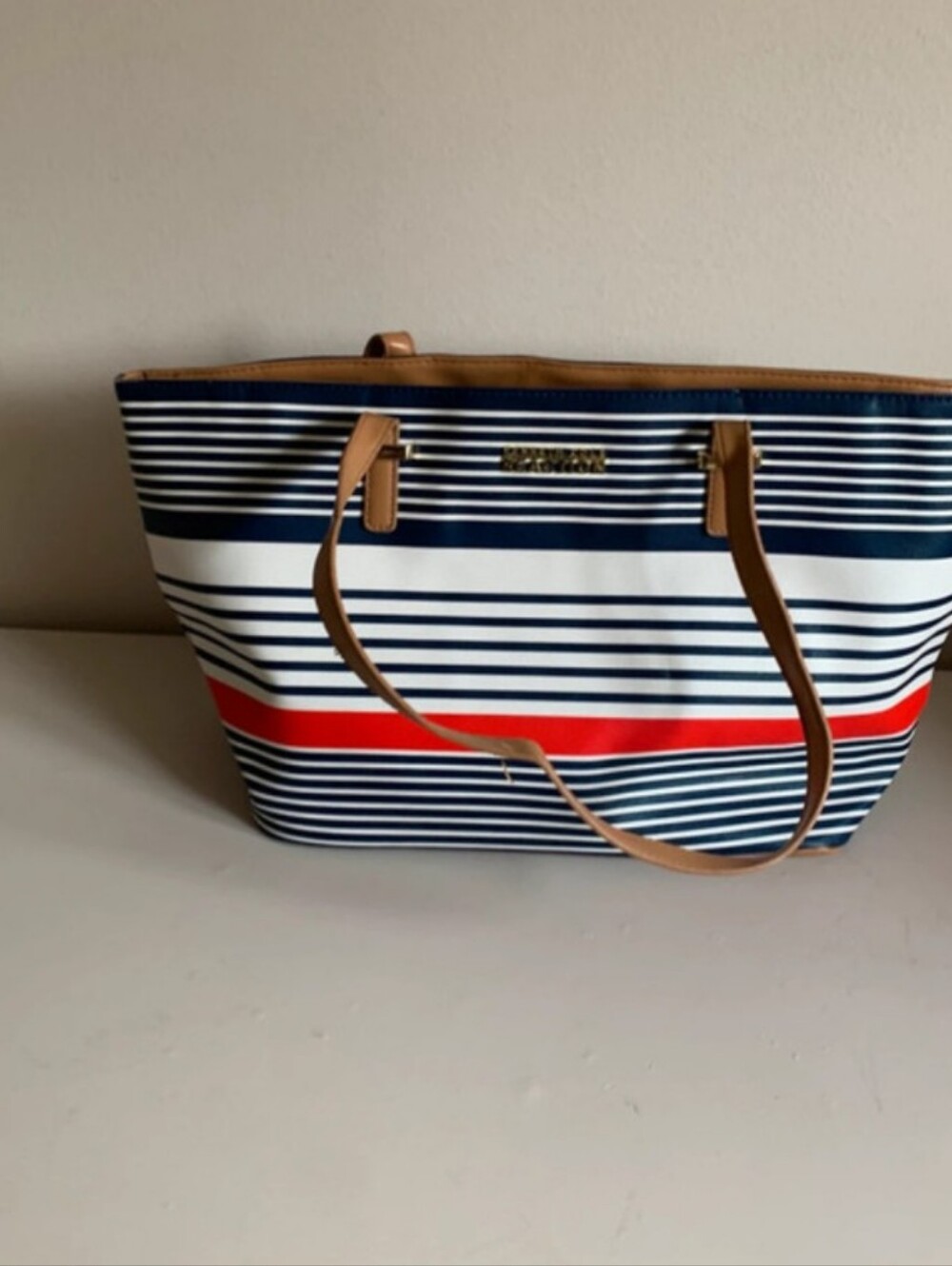 Kenneth Cole Reaction Navy White & Red Striped Tote with Tan Handles